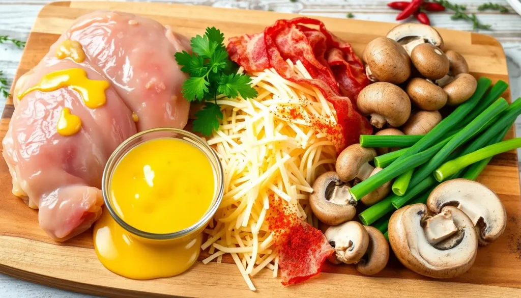 Dijon mustard, honey, mayonnaise, and fresh herbs arranged for making honey mustard sauce.