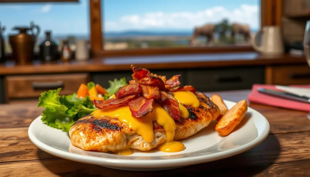 Fresh ingredients including chicken breasts, cheese, bacon, mushrooms, and honey mustard sauce on a rustic cutting board.