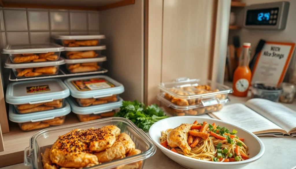 Cooked chicken stored in airtight containers for refrigeration or reheating.