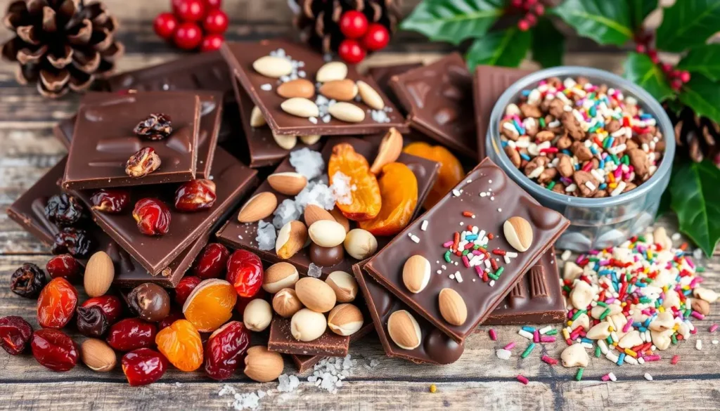 Dark and milk chocolate bars, nuts, dried fruits, and sprinkles for making Christmas chocolate bark.