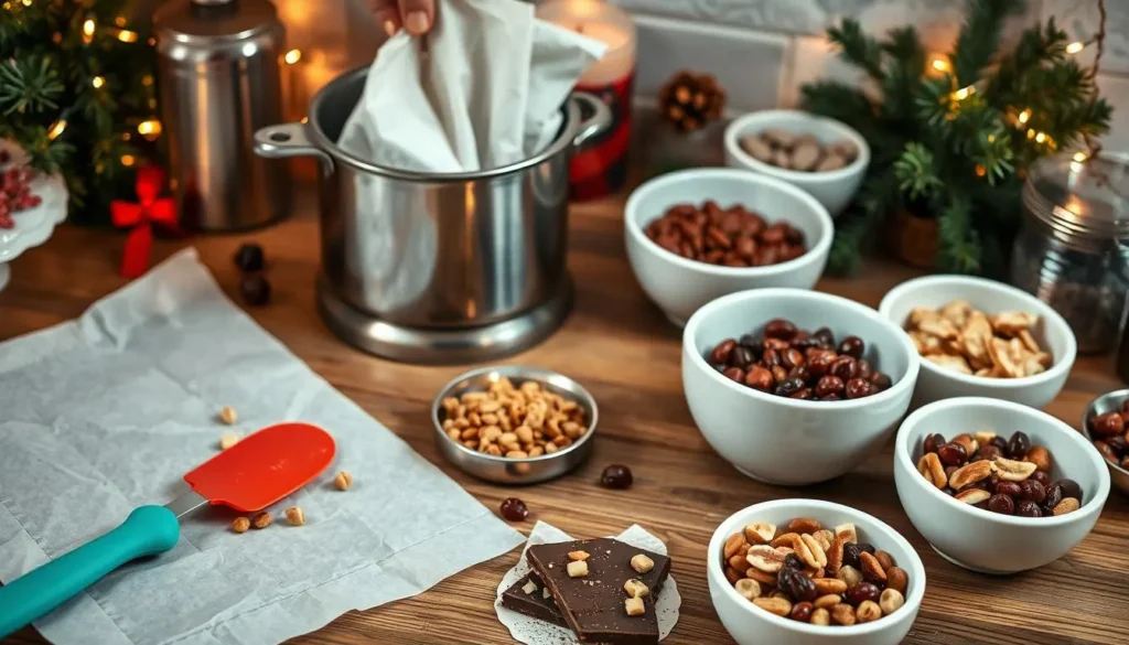 Chocolate bark making tools including a double boiler, spatula, and baking sheet with parchment paper.
