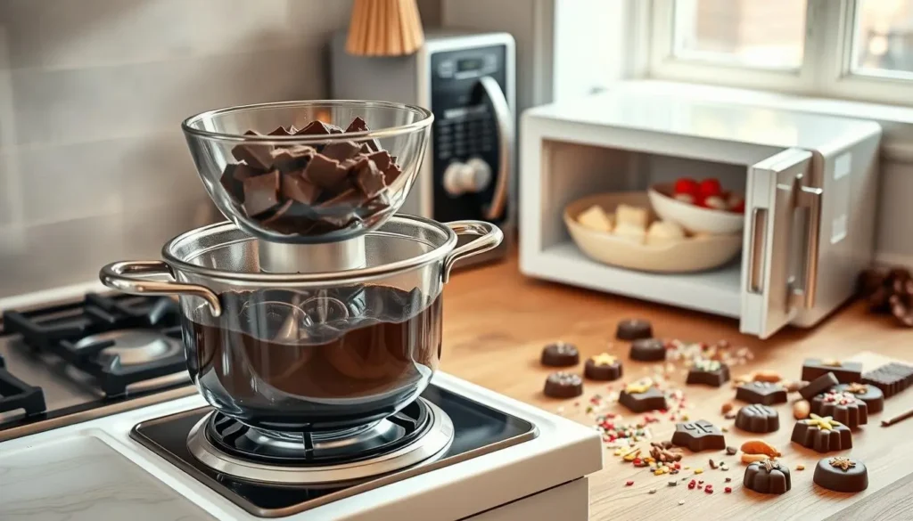 Dark chocolate melting in a double boiler, with white chocolate in a microwave-safe bowl nearby.