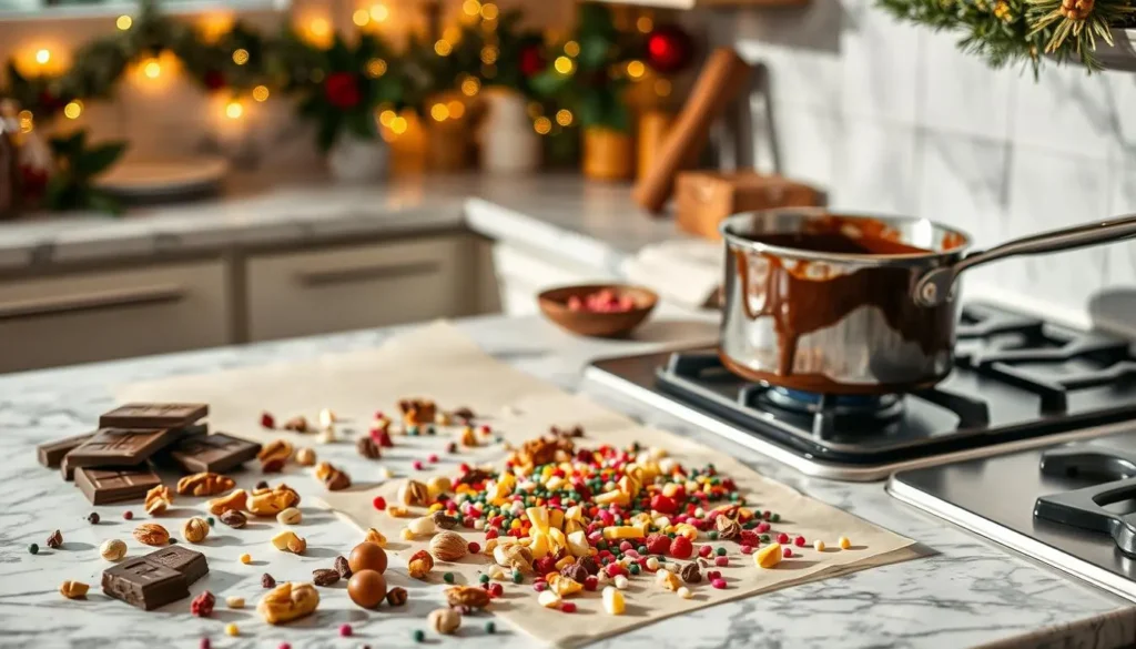 Chocolate bark ingredients on a marble countertop with festive Christmas decorations.