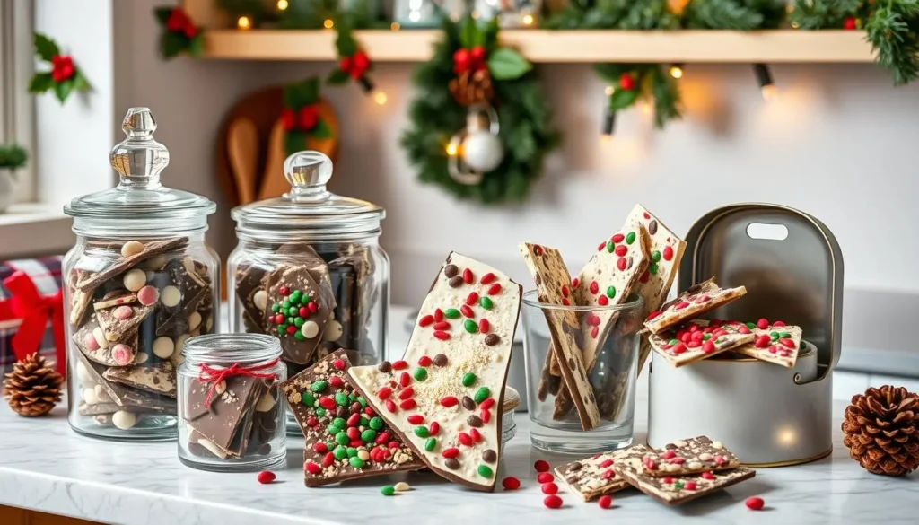 Homemade Christmas chocolate bark in festive tins and cellophane bags with ribbons.