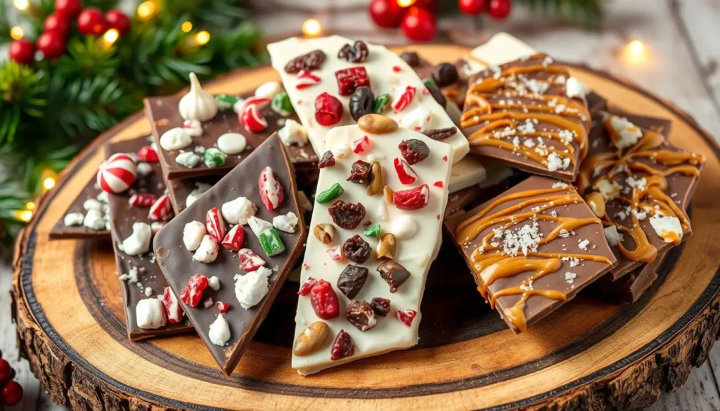 Varieties of Christmas chocolate bark with different toppings on a wooden platter.