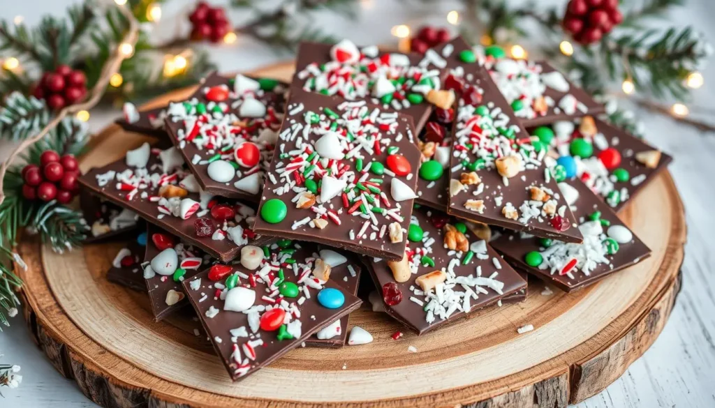 Crushed peppermint, dried cranberries, chopped nuts, and colorful sprinkles for decorating chocolate bark.
