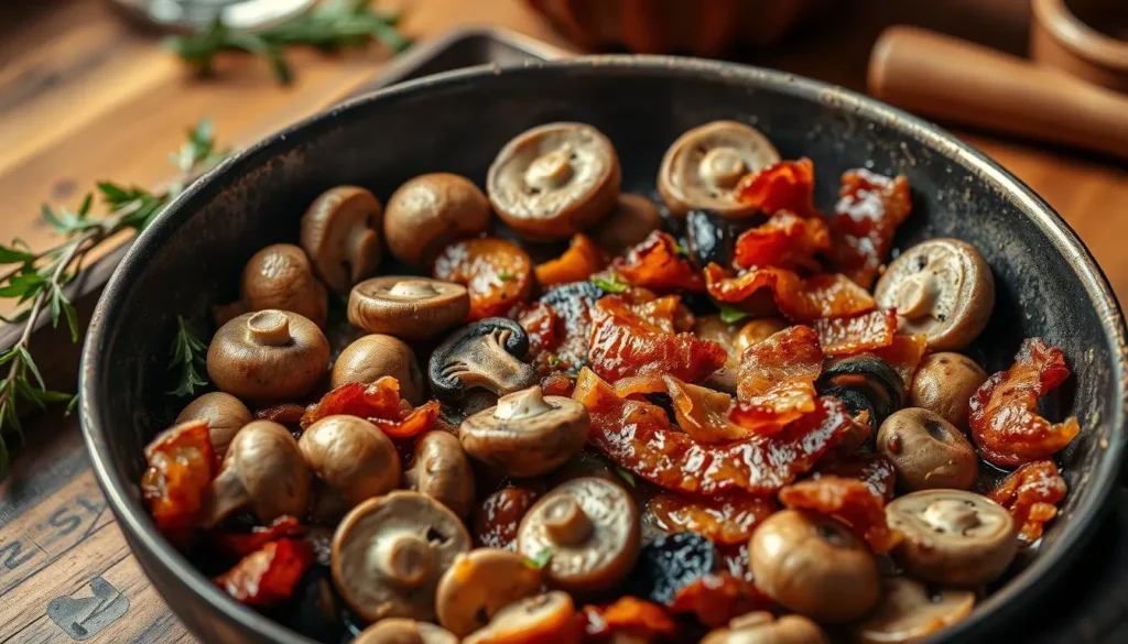 Chicken topped with melted cheese, bacon, and mushrooms baking for Alice Springs Chicken Recipe.