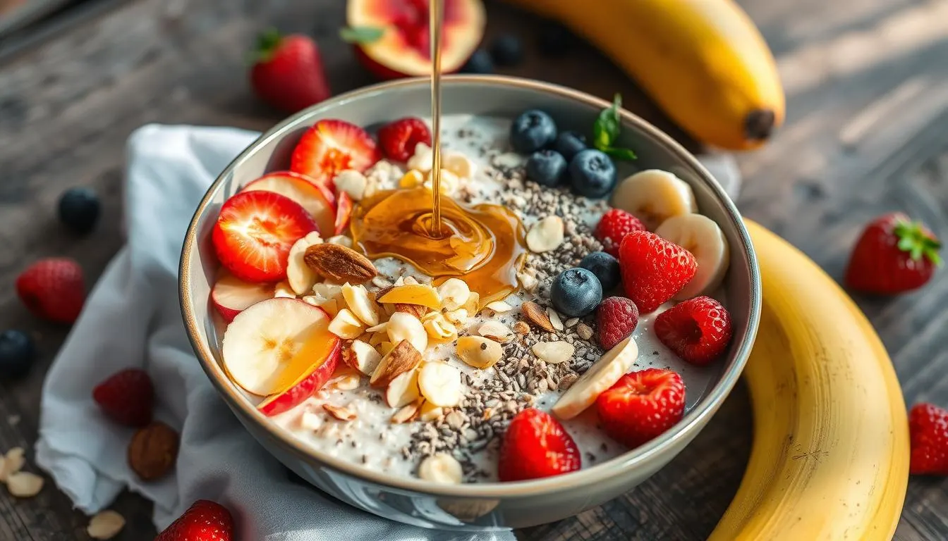 Classic bircher muesli with grated apple and chopped almonds
