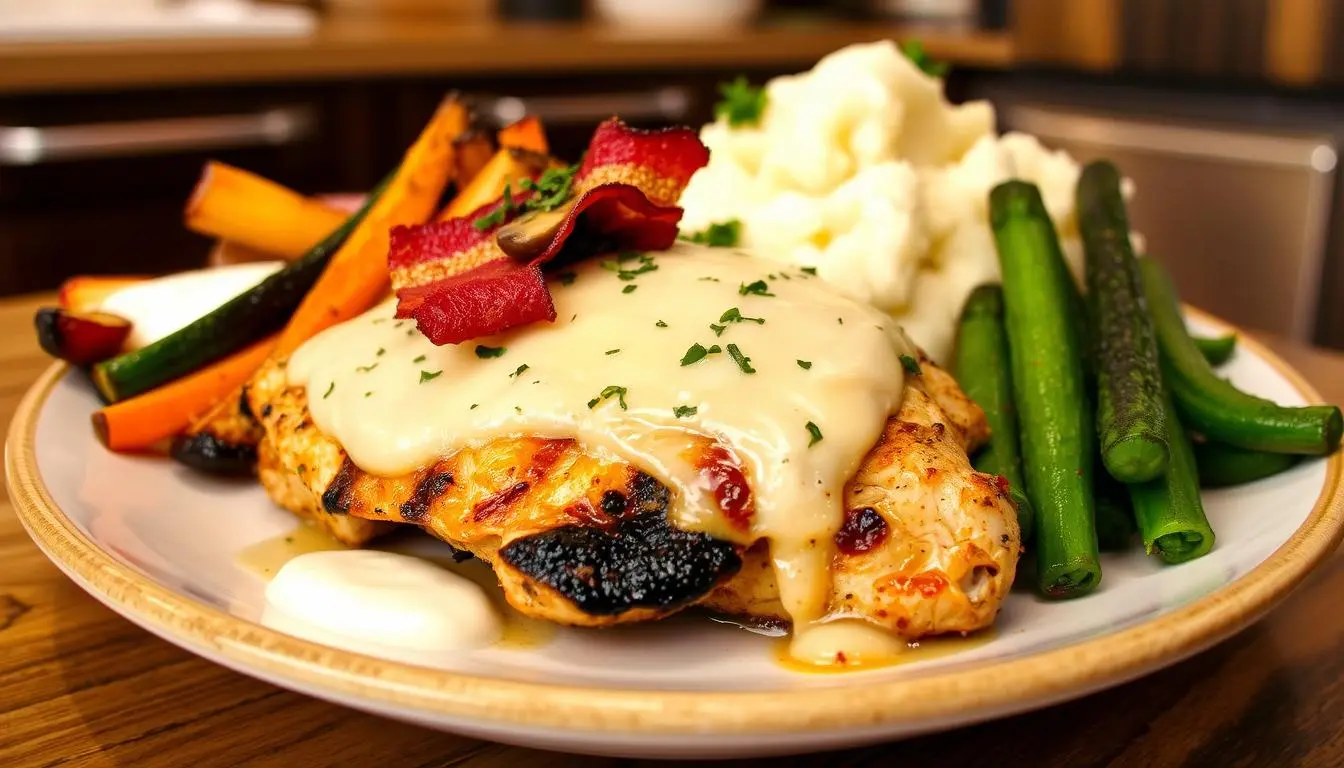 Alice Springs Chicken Recipe: Grilled chicken topped with melted cheese, crispy bacon, and mushrooms, served with mashed potatoes and vegetables.