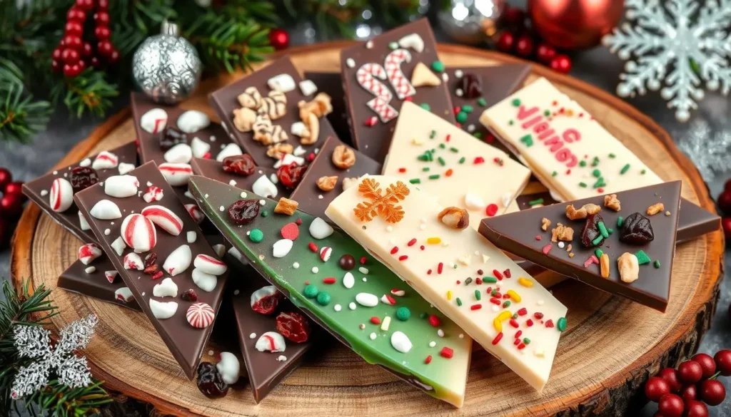 Assorted festive Christmas chocolate bark with colorful toppings on a rustic wooden board.