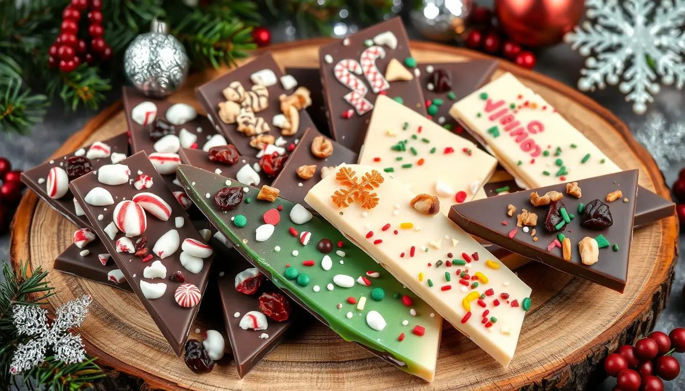 Assorted festive Christmas chocolate bark with colorful toppings on a rustic wooden board.