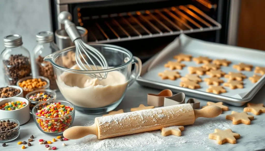 Rolling pin dusted with flour and colorful candy toppings, preparing homemade cookie recipes for festive cookie decorating.