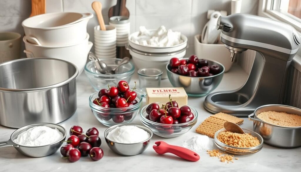 Kitchen tools for making cherry cheesecake recipe, including mixing bowls and electric mixer