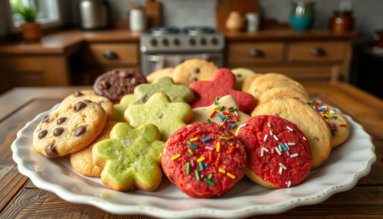 Freshly baked cookies including chocolate chip, lavender shortbread, and peppermint swirl, displayed with baking tools to illustrate unique cookie recipes from the ultimate guide