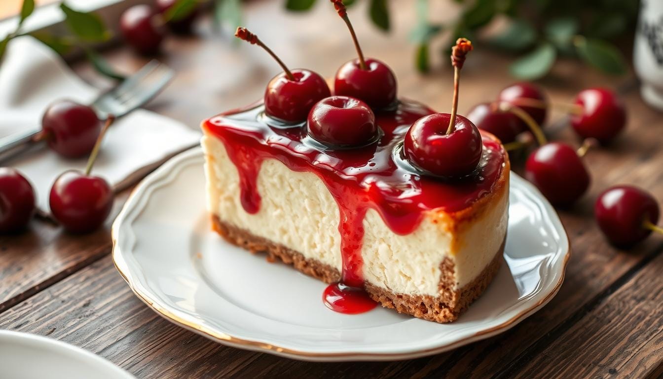Classic cherry cheesecake with creamy filling and fresh cherries on top