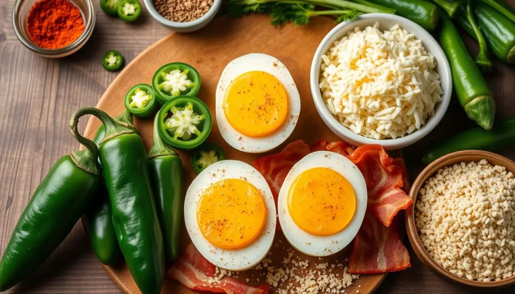 Close-up of hands preparing armadillo eggs, filling jalapeños with cheese and wrapping them with sausage and bacon in a cozy kitchen setting.