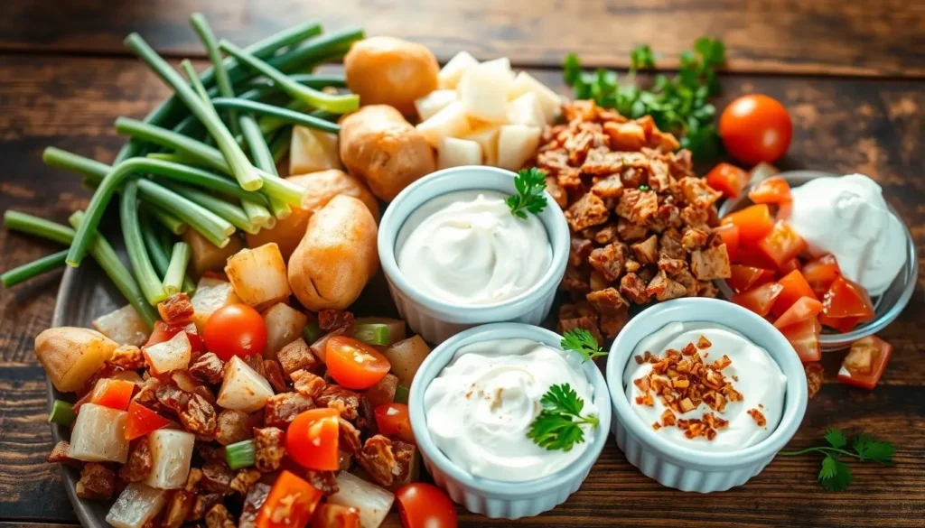 Baked Potato Salad Ingredients Perfectly baked russet potatoes on a rustic wooden table, with their golden skins ready for slicing and mixing into a potato salad.