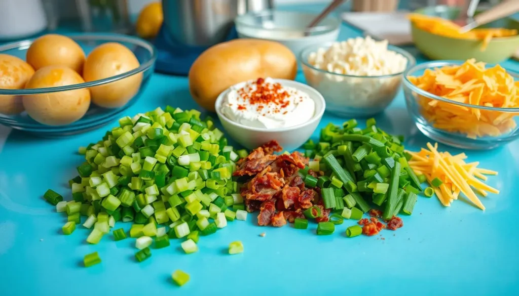 Baked Potato Salad Preparation A colorful presentation of baked potato salad in a large bowl, garnished with fresh chives, black pepper, and a dollop of sour cream, ready to serve.