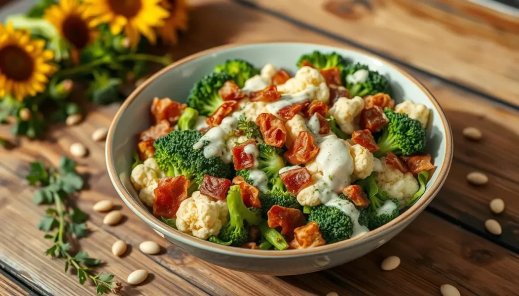 Broccoli Cauliflower Bacon Salad Fresh ingredients for broccoli and cauliflower salad, including chopped broccoli, cauliflower florets, cherry tomatoes, red onions, and mixed nuts, arranged on a wooden cutting board.