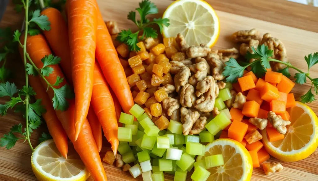 Carrot Salad Ingredients Step-by-step preparation of carrot raisin salad, showing grated carrots, raisins, and dressing being mixed in a large bowl.