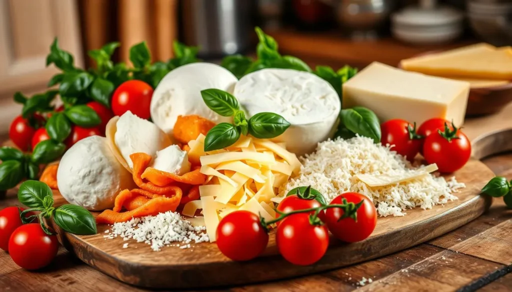 Golden and bubbly pasta casserole garnished with fresh basil, ready to serve.