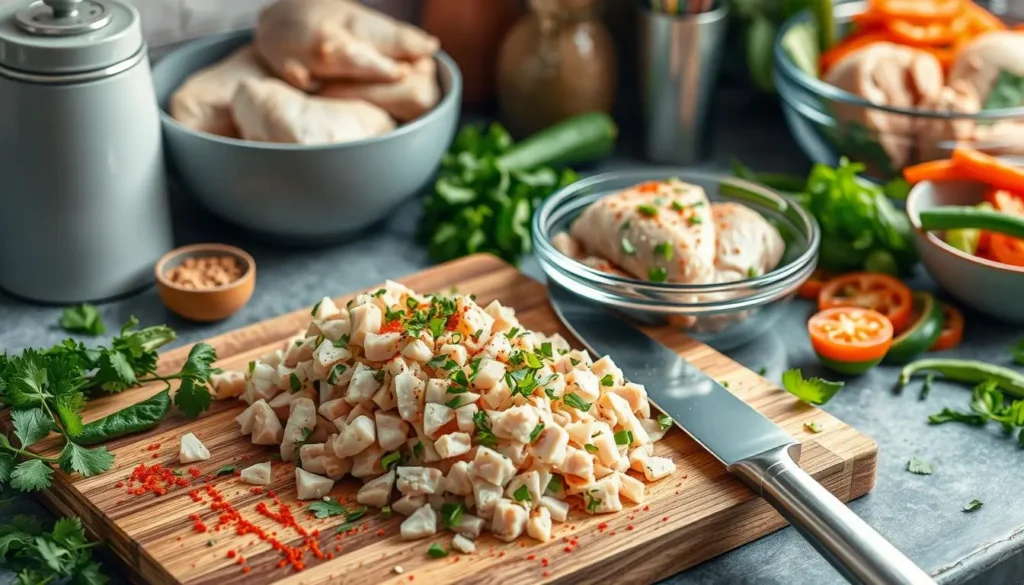 Cutting board with diced chicken, fresh herbs, spices, and marinated chicken in a bowl, illuminated by soft lighting.