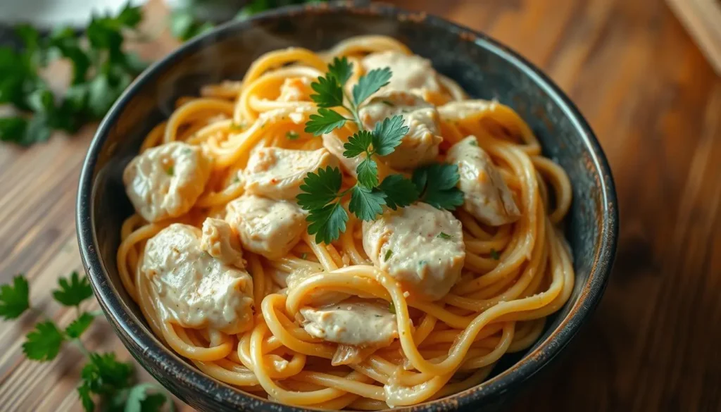 A bowl of creamy chicken spaghetti topped with fresh parsley, served hot with melted cheese on a rustic wooden table.