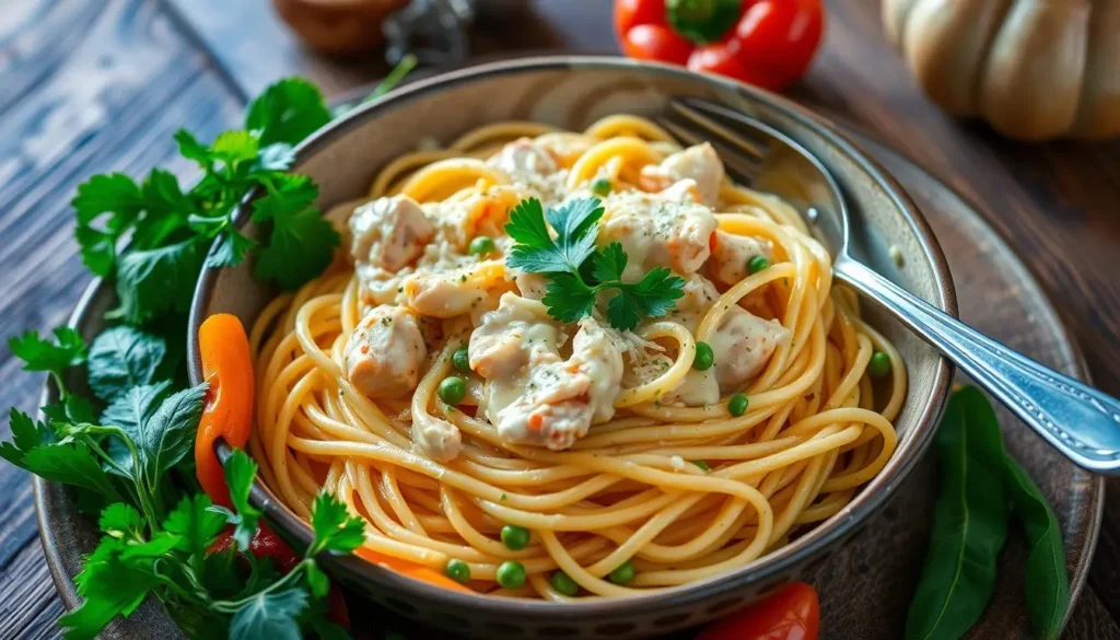 Flat lay of chicken spaghetti ingredients, including shredded chicken, cooked spaghetti, diced bell peppers, cream cheese, and Velveeta.