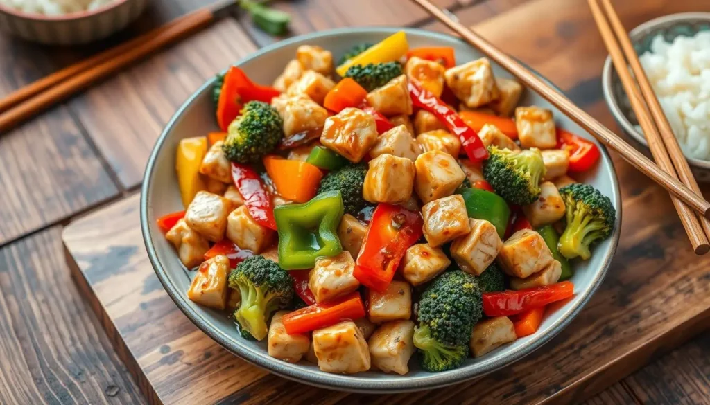 Colorful chicken stir-fry with diced chicken, bell peppers, broccoli, and carrots in a glossy soy sauce glaze.