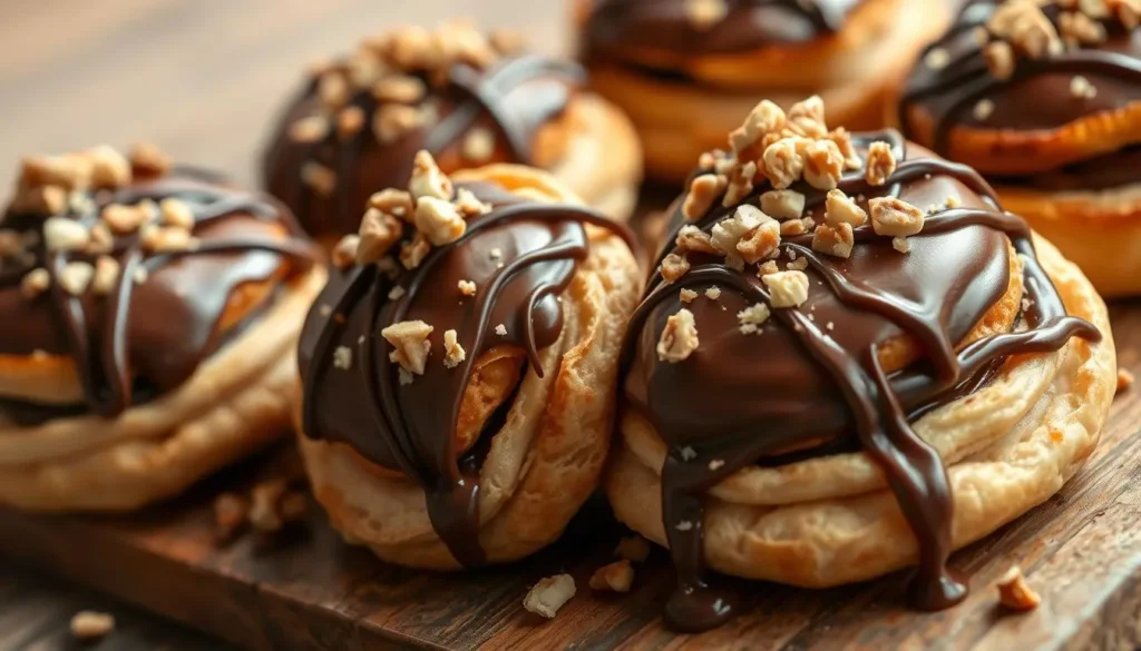 Chocolate Nutella Puff Pastry Treats Festive puff pastry desserts shaped like Christmas trees and hearts, topped with colorful sprinkles and powdered sugar.
