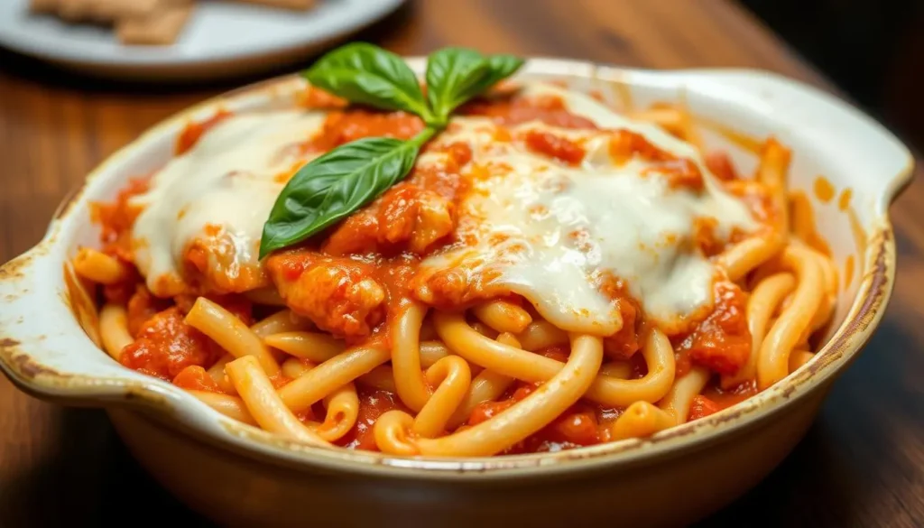 Ingredients for pasta bake: ricotta cheese, shredded mozzarella, Parmesan, marinara sauce, pasta, and fresh basil.