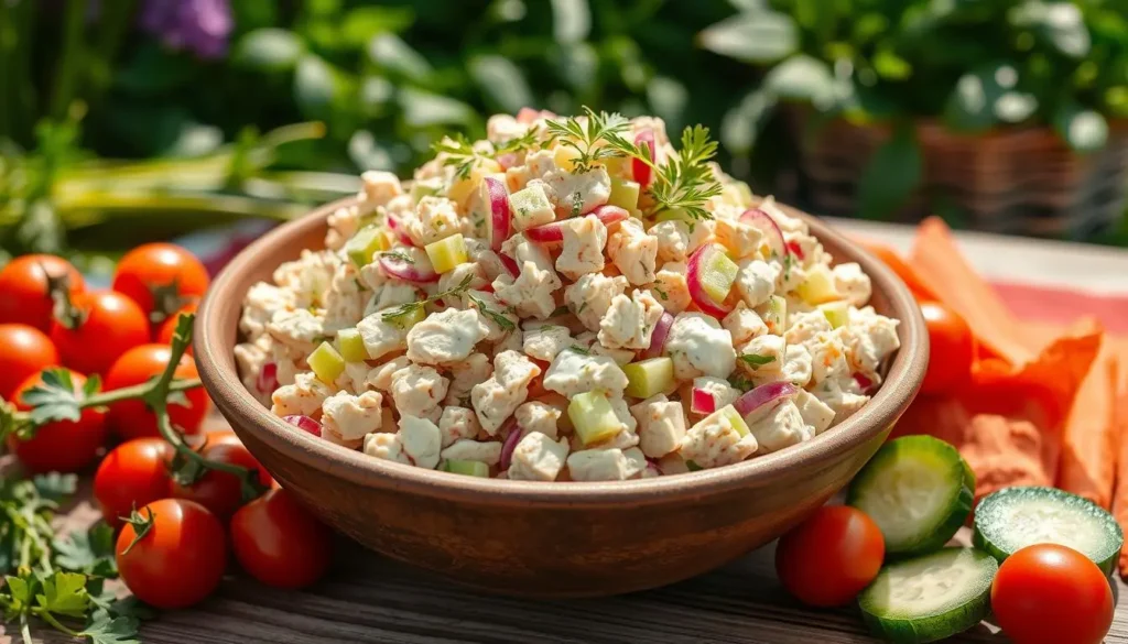 Fresh ingredients for chicken salad, including cooked chicken, celery, mayonnaise, and seasonings, arranged on a wooden countertop.