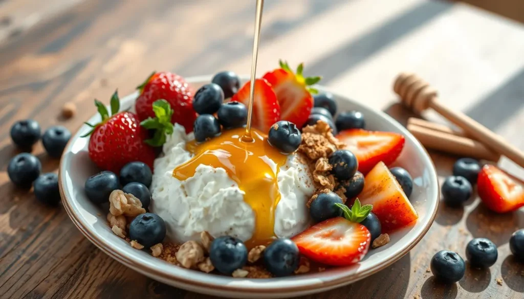 Cottage Cheese Dessert Ingredients A luxurious bowl of rich chocolate cottage cheese mousse garnished with fresh berries and cocoa powder.
