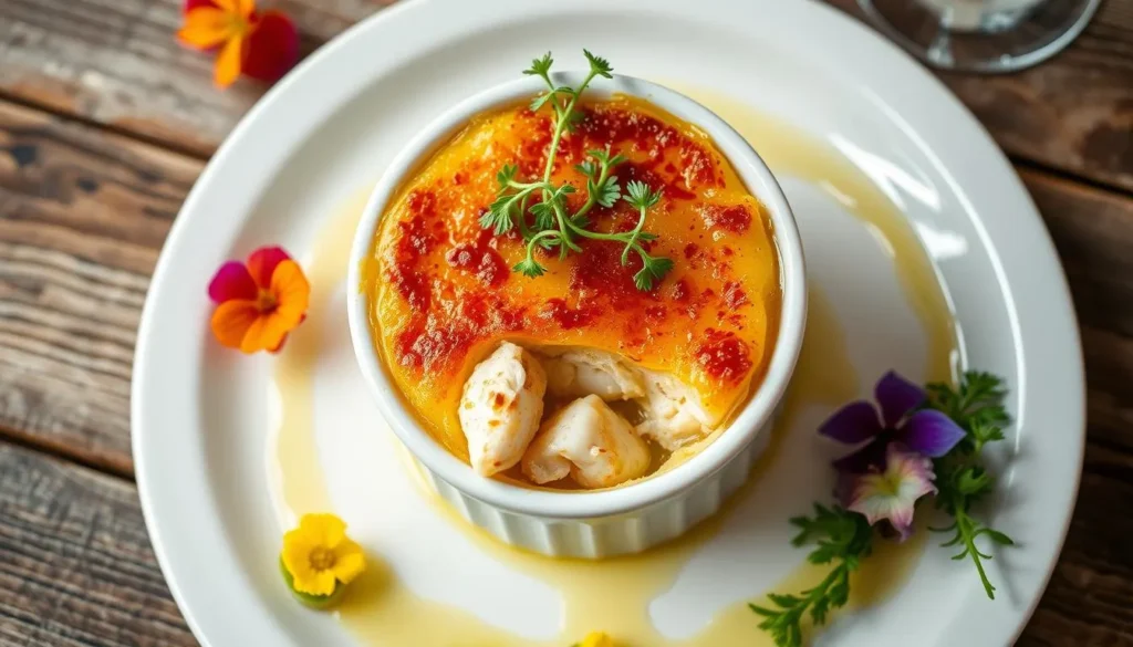 Crab Brulee Fusion Dish A plated crab brulee garnished with herbs, served with a lemon wedge on a minimalist white plate