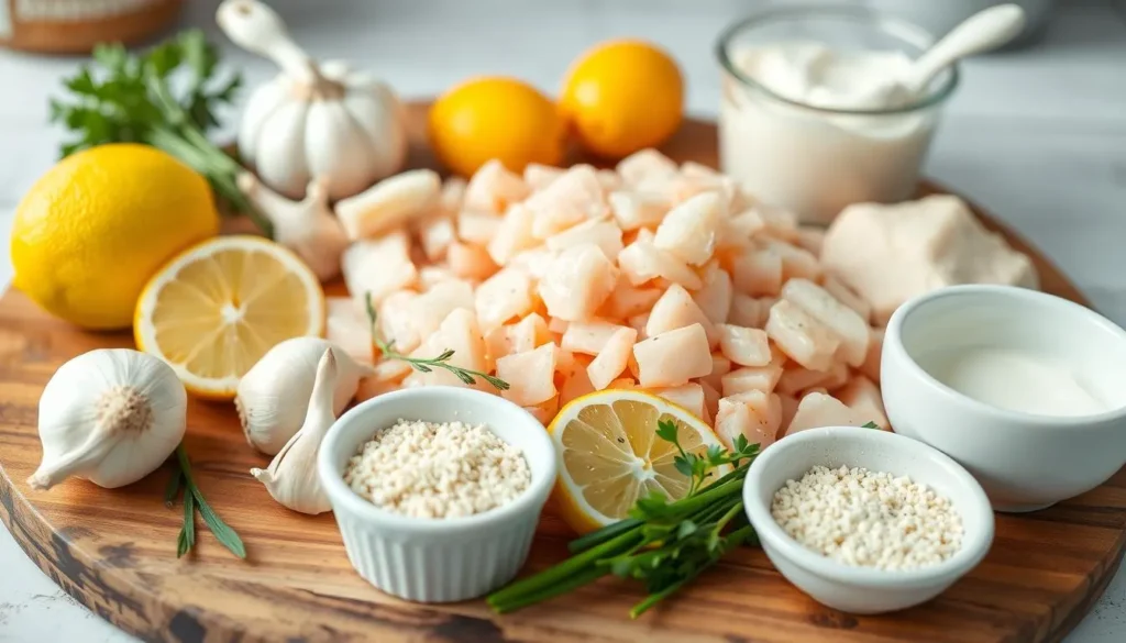 Crab Brulee Ingredients Fresh crab meat, heavy cream, eggs, Parmesan cheese, and garlic on a wooden countertop