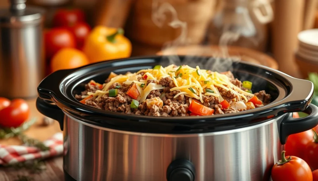 Crock Pot Ground Beef Casserole Colorful stuffed bell peppers filled with seasoned chop meat and rice, a satisfying slow-cooked recipe.