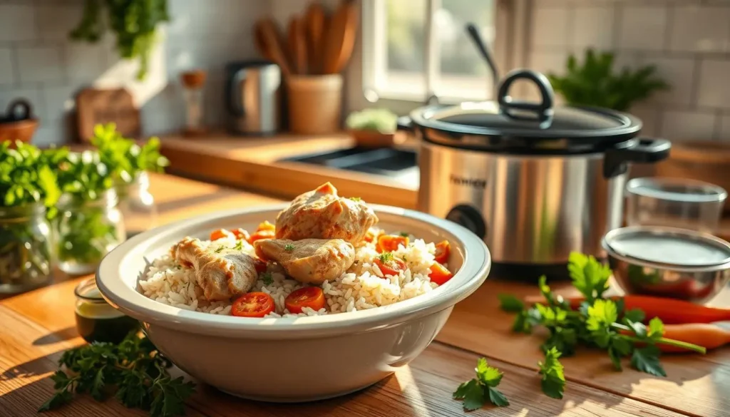 Crockpot Chicken and Rice Preparation Flat lay of ingredients for slow cooker chicken and rice, including raw chicken breasts, white rice, carrots, peas, red peppers, chicken broth, and seasonings on a rustic wooden surface.