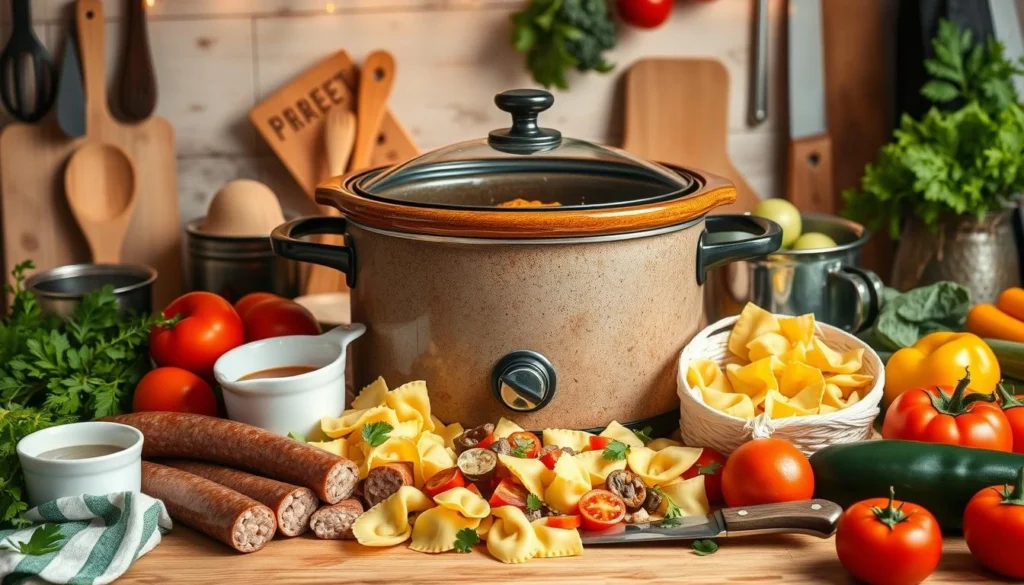 Crockpot Tortellini Soup Kitchen Tools A close-up of Italian Sausage Tortellini Soup garnished with fresh basil and Parmesan cheese, served with crusty Italian bread on the side.