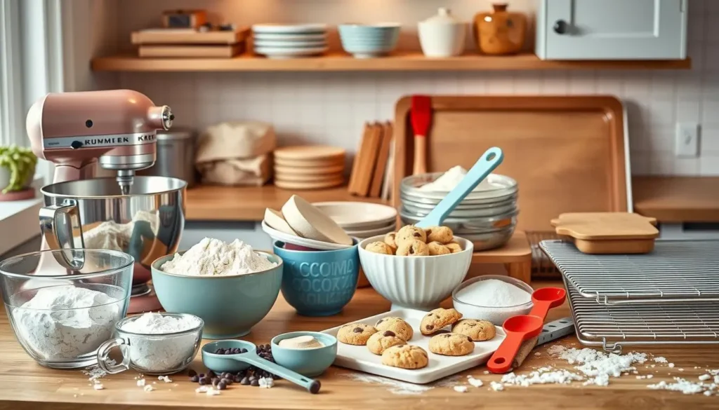 Crumbl Cookie Baking Tools and Equipment A frosted Crumbl cookie topped with colorful sprinkles, placed on a cooling rack in a cozy kitchen setting.