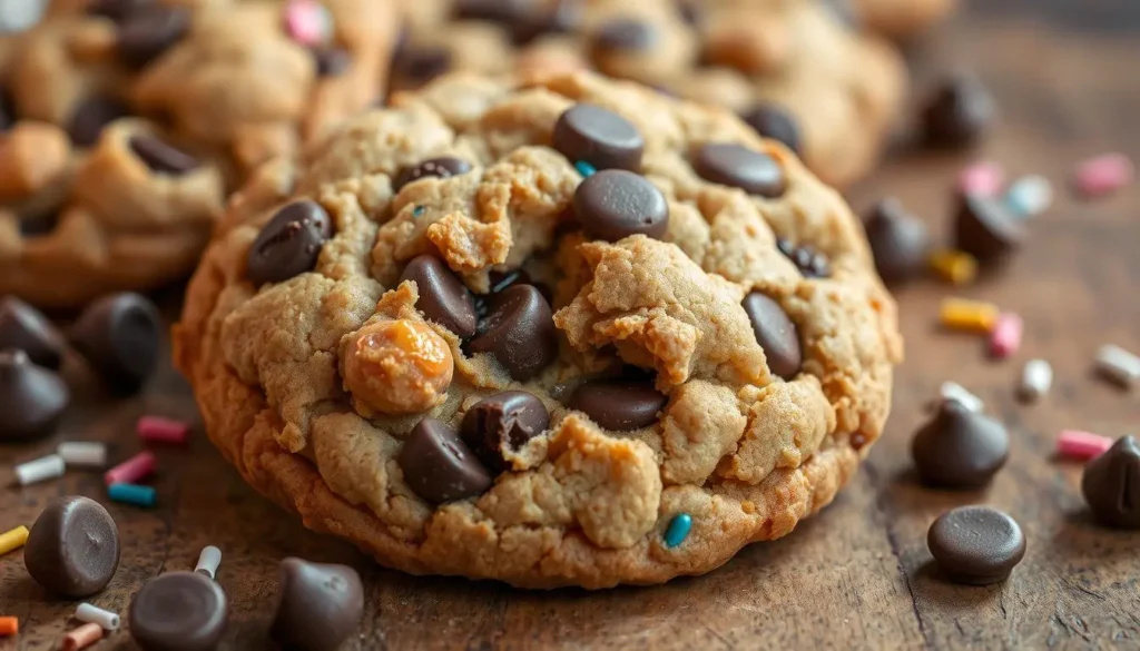 Crumbl Cookies Unique Texture Essential ingredients for a Crumbl cookie recipe, including flour, sugar, butter, eggs, vanilla extract, and chocolate chips, arranged on a kitchen counter.