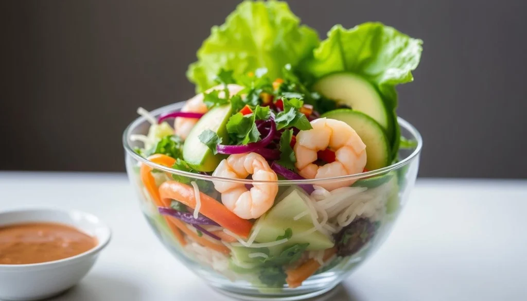 Deconstructed Spring Roll Bowl A deconstructed spring roll bowl featuring layers of colorful vegetables, noodles, and shrimp, topped with fresh herbs and served with a bowl of peanut dipping sauce.