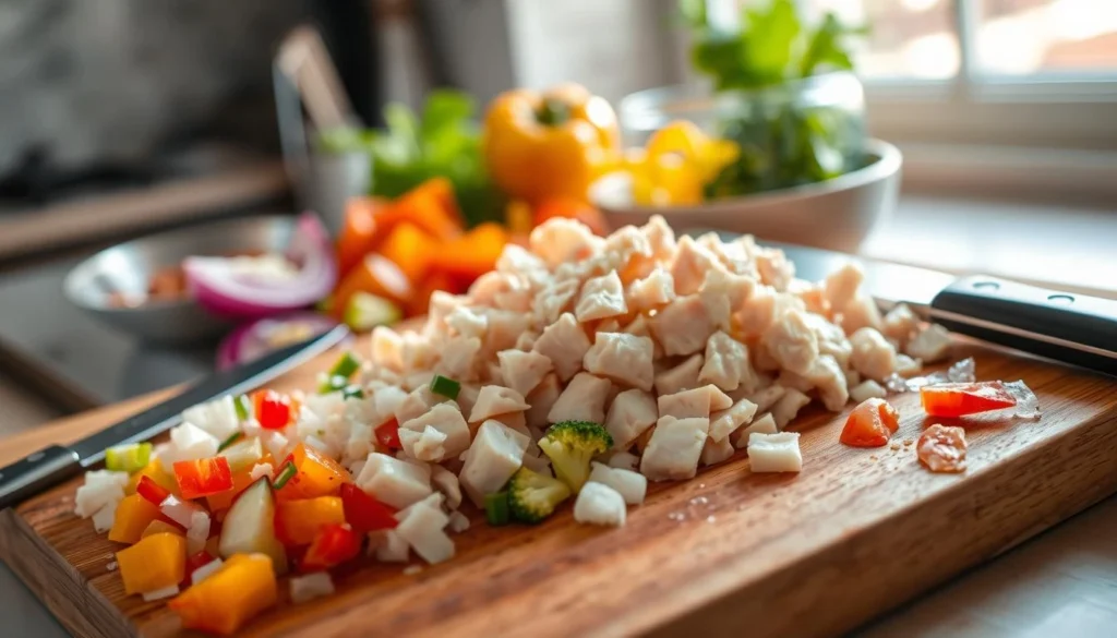 Freshly prepared chicken tacos with diced chicken, lettuce, tomatoes, and cheese on a rustic wooden cutting board.