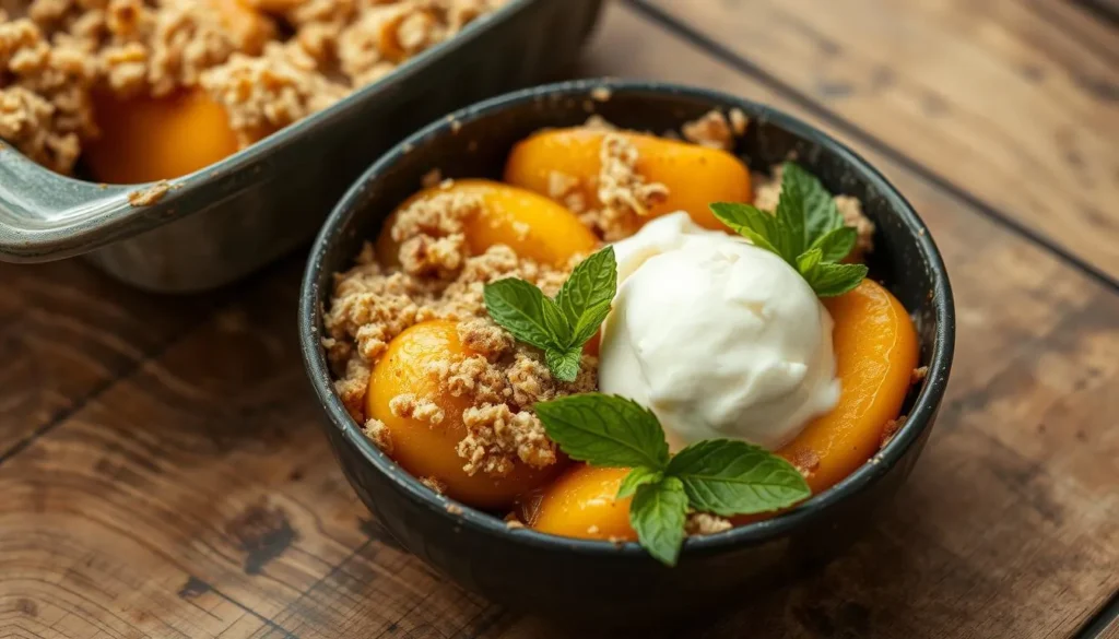 Easy Peach Crumble Dessert A serving of peach crumble in a dessert bowl, topped with vanilla ice cream and fresh mint