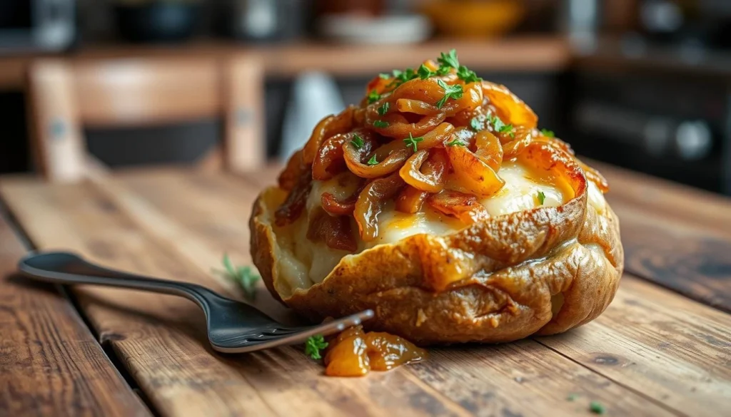 French Onion Baked Potatoes A close-up of a baked potato split open, filled with creamy mashed potatoes, caramelized onions, and melted Gruyère cheese, garnished with fresh thyme.