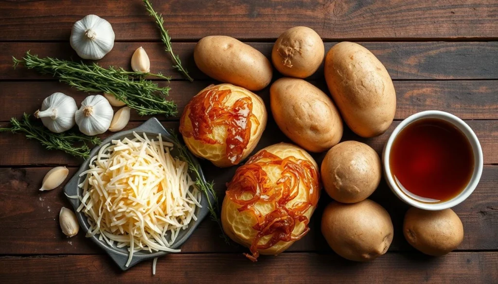 French Onion Potatoes Ingredients A top-down view of ingredients for French Onion Baked Potatoes, including russet potatoes, caramelized onions, shredded Gruyère cheese, fresh thyme, and a small bowl of beef broth.