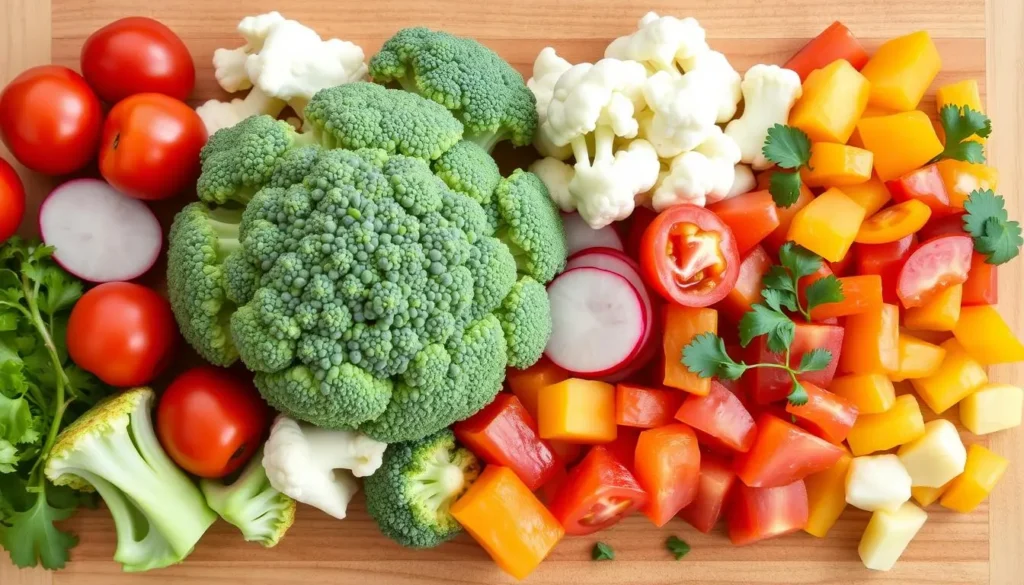 Fresh Broccoli and Cauliflower Salad Ingredients A beautifully plated broccoli and cauliflower salad served alongside grilled chicken and garnished with parsley, placed on a light wooden table.