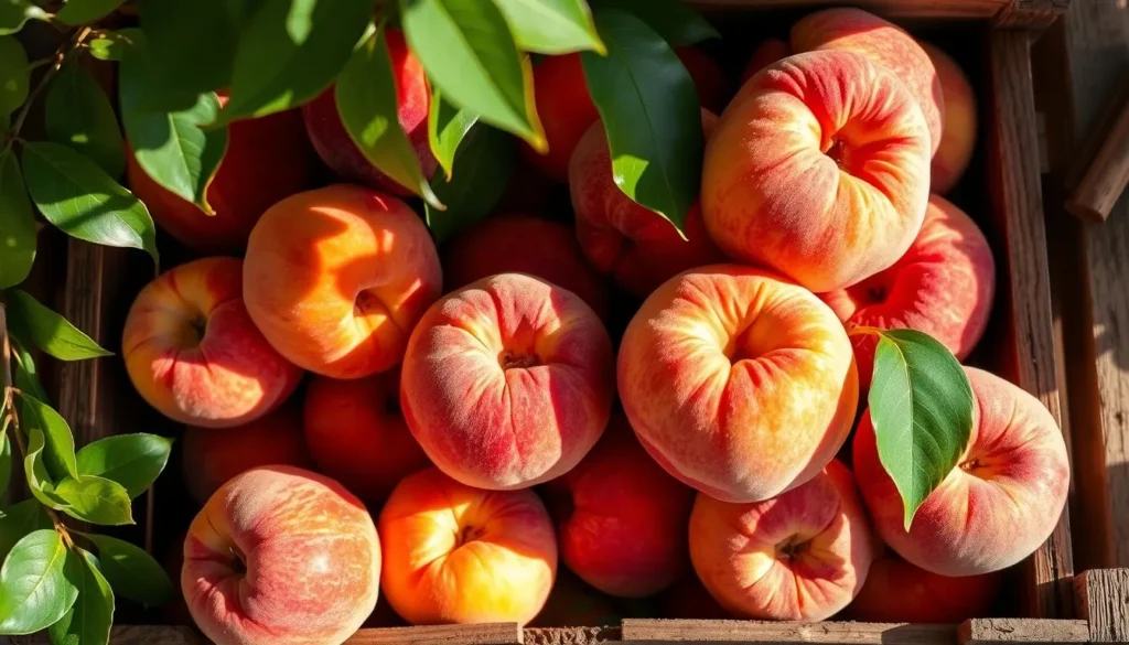 Fresh Peaches for Crumble A basket of fresh, ripe peaches on a wooden countertop