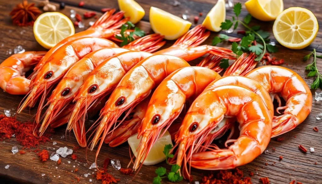 Fresh Shrimp Selection for Boil Shrimp boil served on a newspaper-covered table with corn, sausage, and dipping sauces for a rustic dining experience.