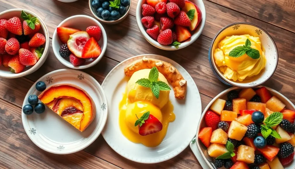 Delicious no-bake low-sugar treats, including energy balls, frozen banana bites, and yogurt bark topped with fresh berries and nuts.