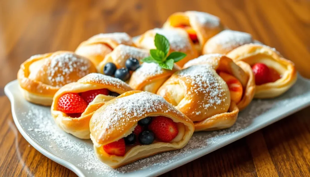 Fruit Puff Pastry Desserts A marble countertop with layers of puff pastry dough being rolled out, surrounded by a rolling pin, flour, and baking ingredients.